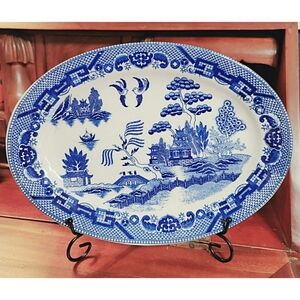Vintage Flow Blue Transferware Oval Serving Dish